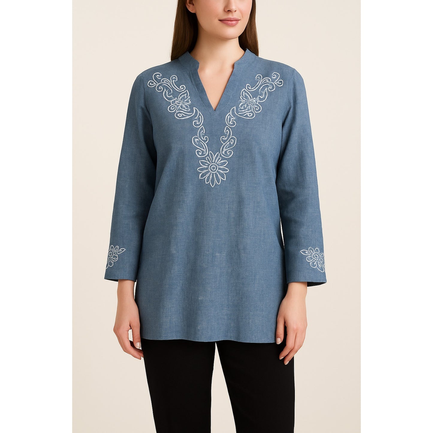 Orvis Women’s Size M Blue Linen-Blend Embroidered Tunic Top
