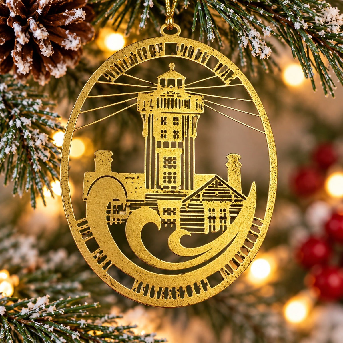 Vintage Brass Lighthouse Christmas Ornament Etched Cutout Coastal Nautical 2.5"
