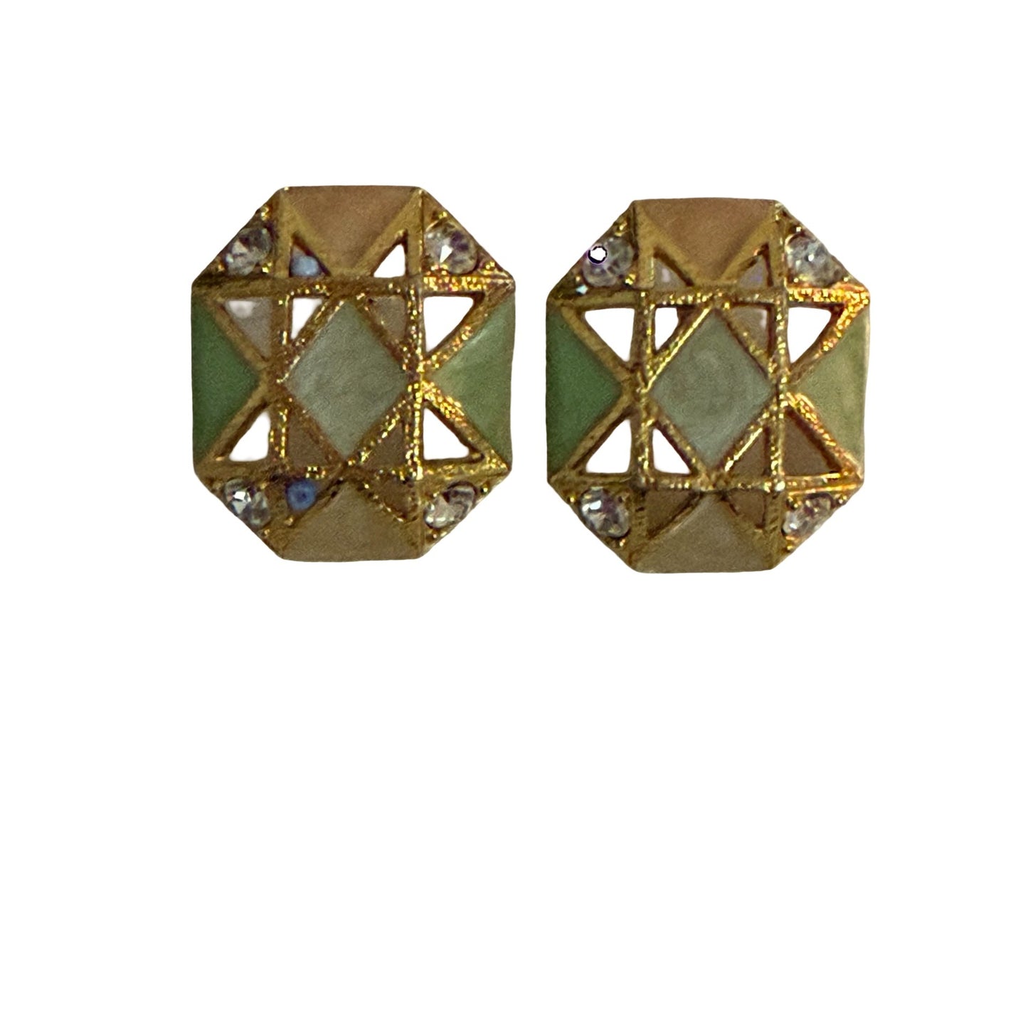 Vintage Avon Geometric Enamel Rhinestone Gold Tone Stud Earrings Green Gray