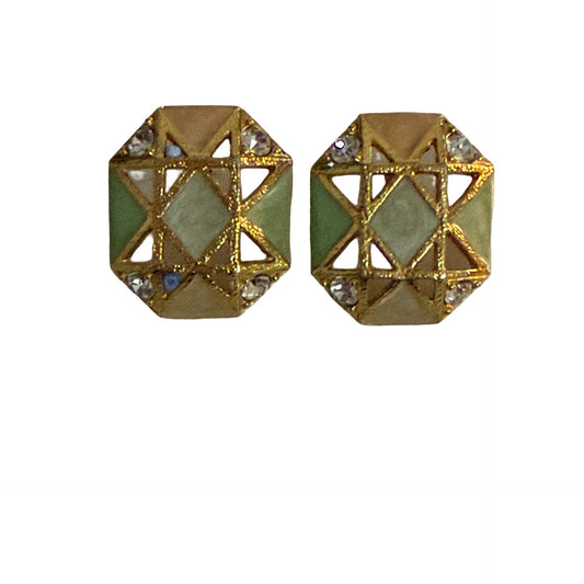 Vintage Avon Geometric Enamel Rhinestone Gold Tone Stud Earrings Green Gray