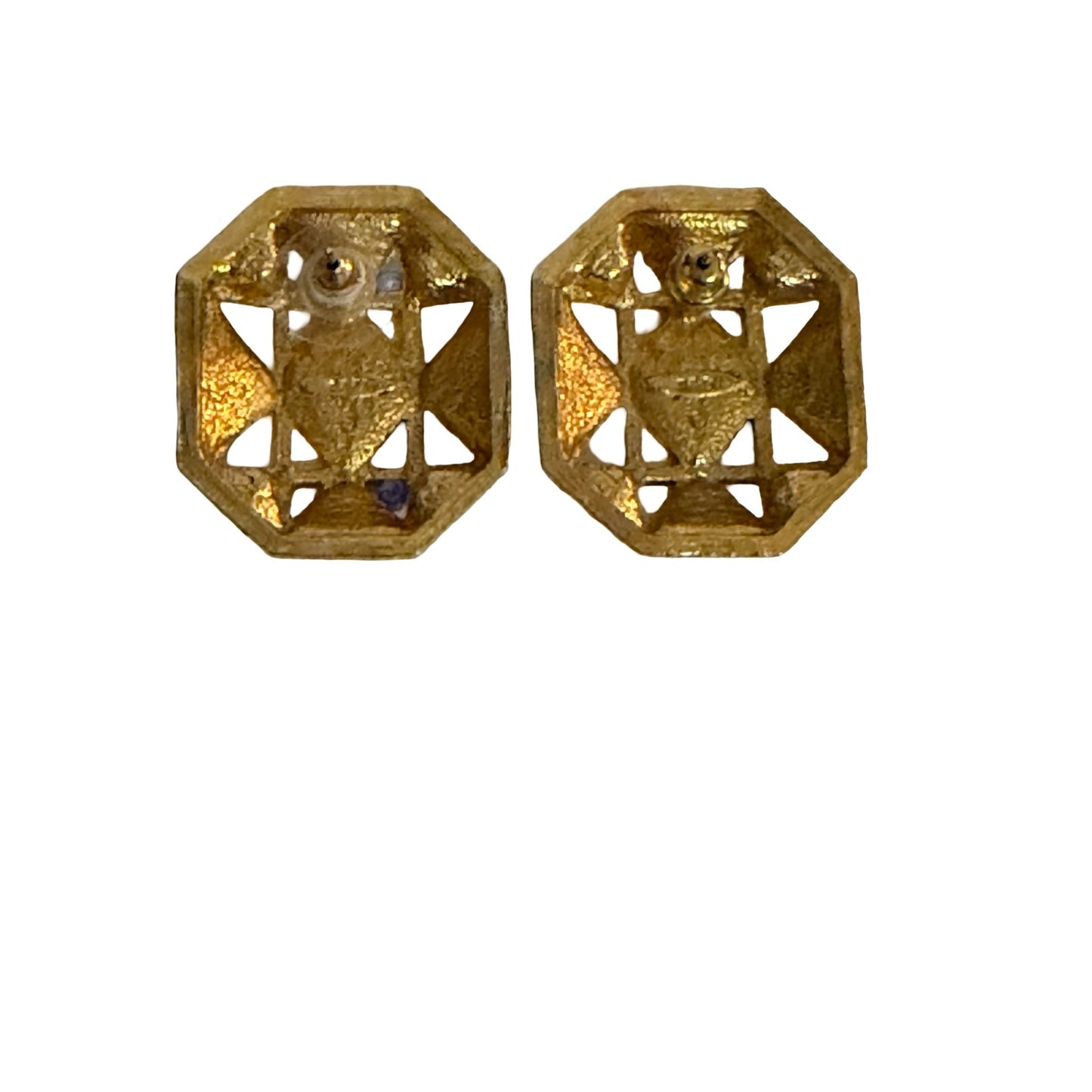 Vintage Avon Geometric Enamel Rhinestone Gold Tone Stud Earrings Green Gray