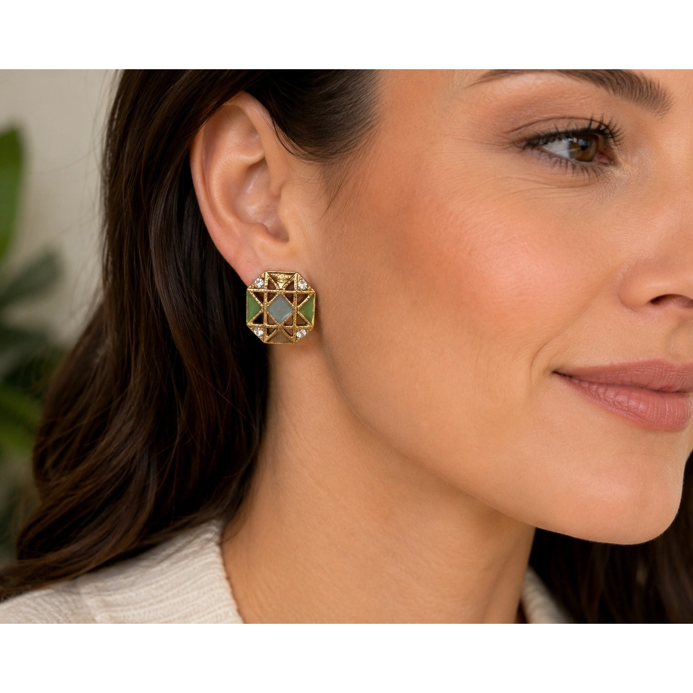 Vintage Avon Geometric Enamel Rhinestone Gold Tone Stud Earrings Green Gray