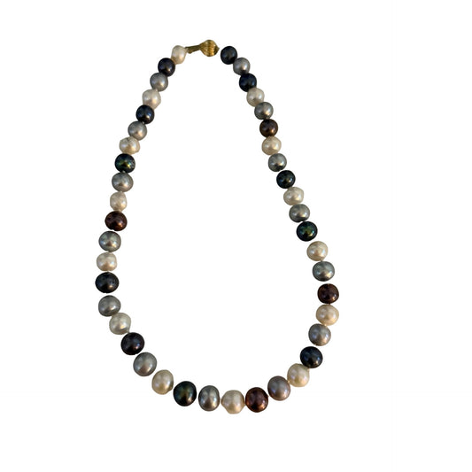 Multicolor Freshwater Pearl Necklace FIC 14K 585 Gold Clasp White Gray Peacock Burgundy