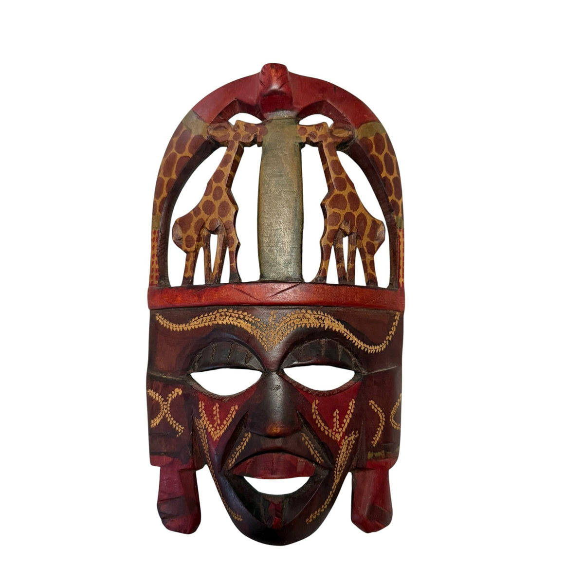 Vintage African Hand Carved Wood Mask Giraffe Safari Wildlife Wall Art 10 Inch