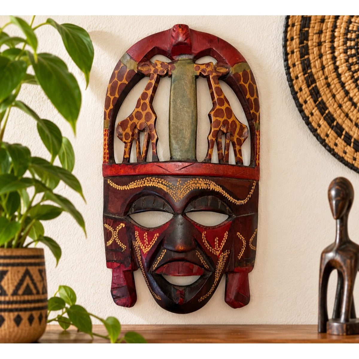 Vintage African Hand Carved Wood Mask Giraffe Safari Wildlife Wall Art 10 Inch