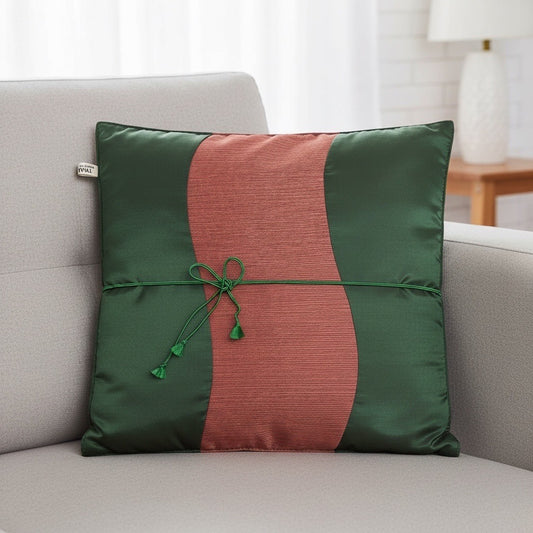 Vintage Thai Silk Pillow Cover Green With Coral Panel Hand Tied Accent