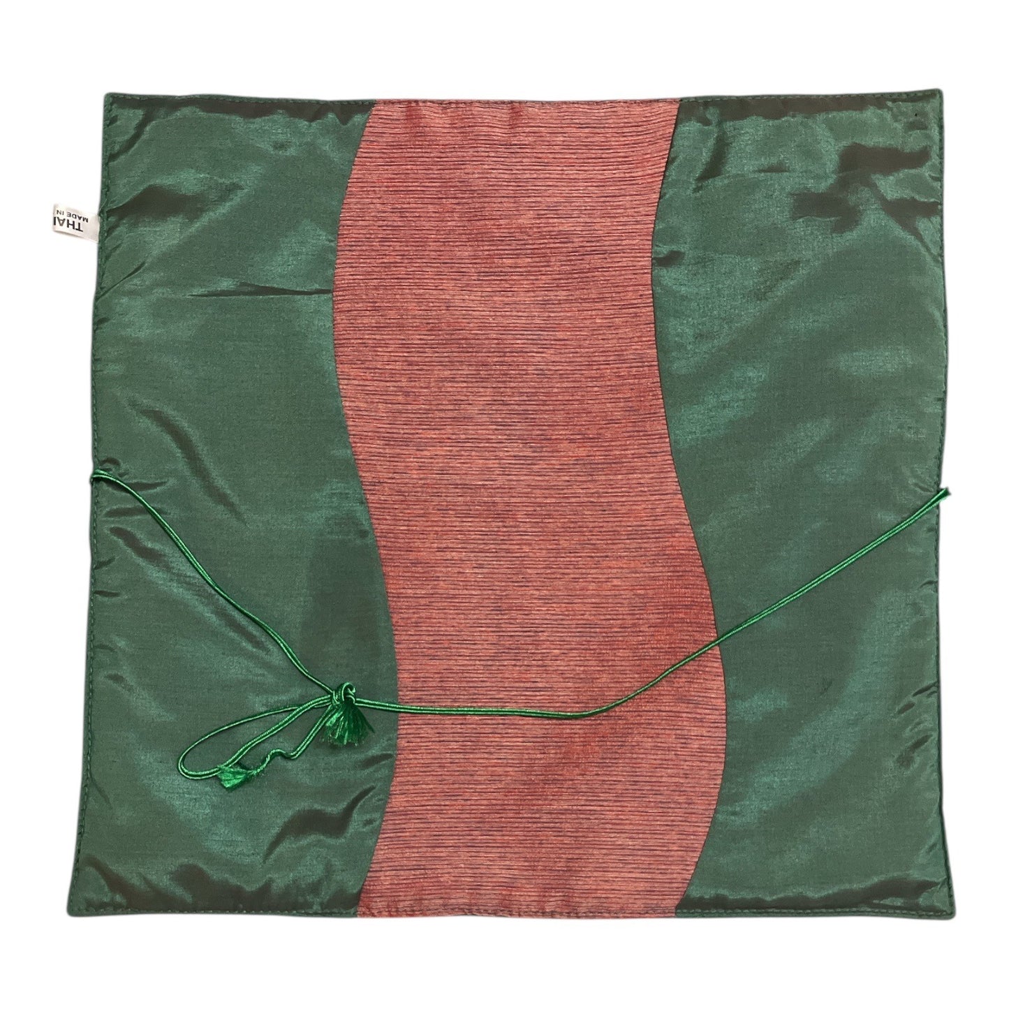 Vintage Thai Silk Pillow Cover Green With Coral Panel Hand Tied Accent