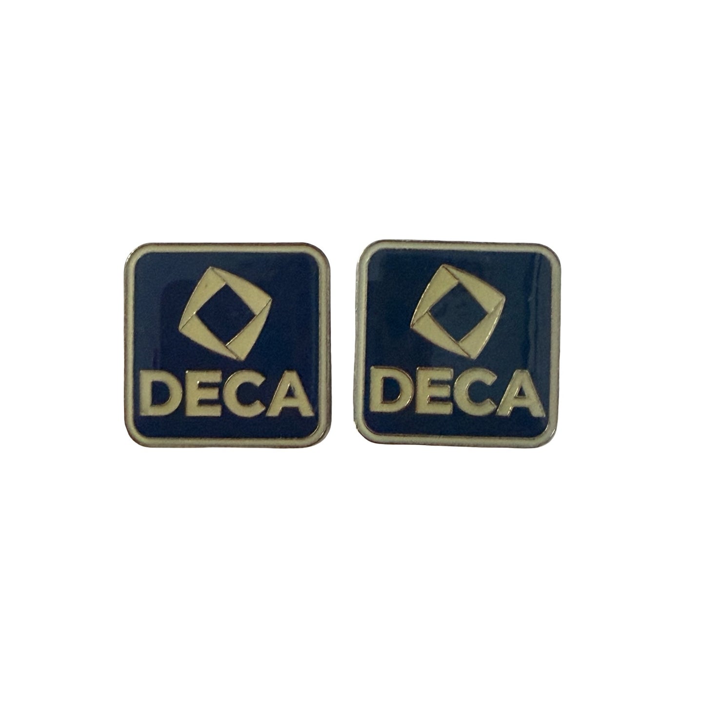 Vintage DECA Blue Gold Enamel Lapel Pins Pair 1" Student Business Club Logo