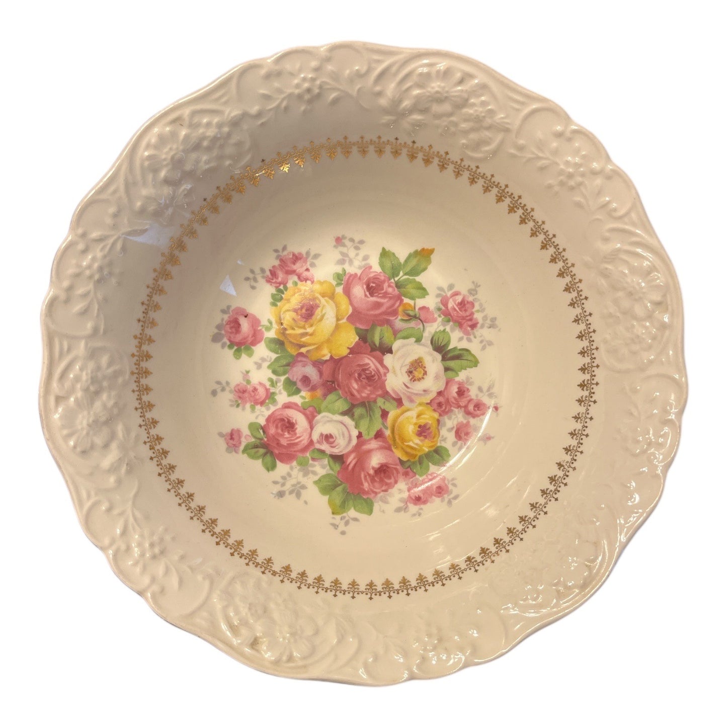 Vintage Edwin M. Knowles 22K Gold Floral Serving Bowl Embossed Rim Pink Yellow Roses USA