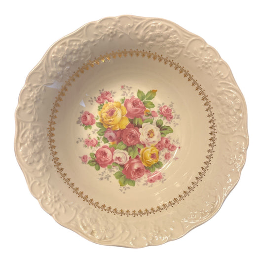 Vintage Edwin M. Knowles 22K Gold Floral Serving Bowl Embossed Rim Pink Yellow Roses USA