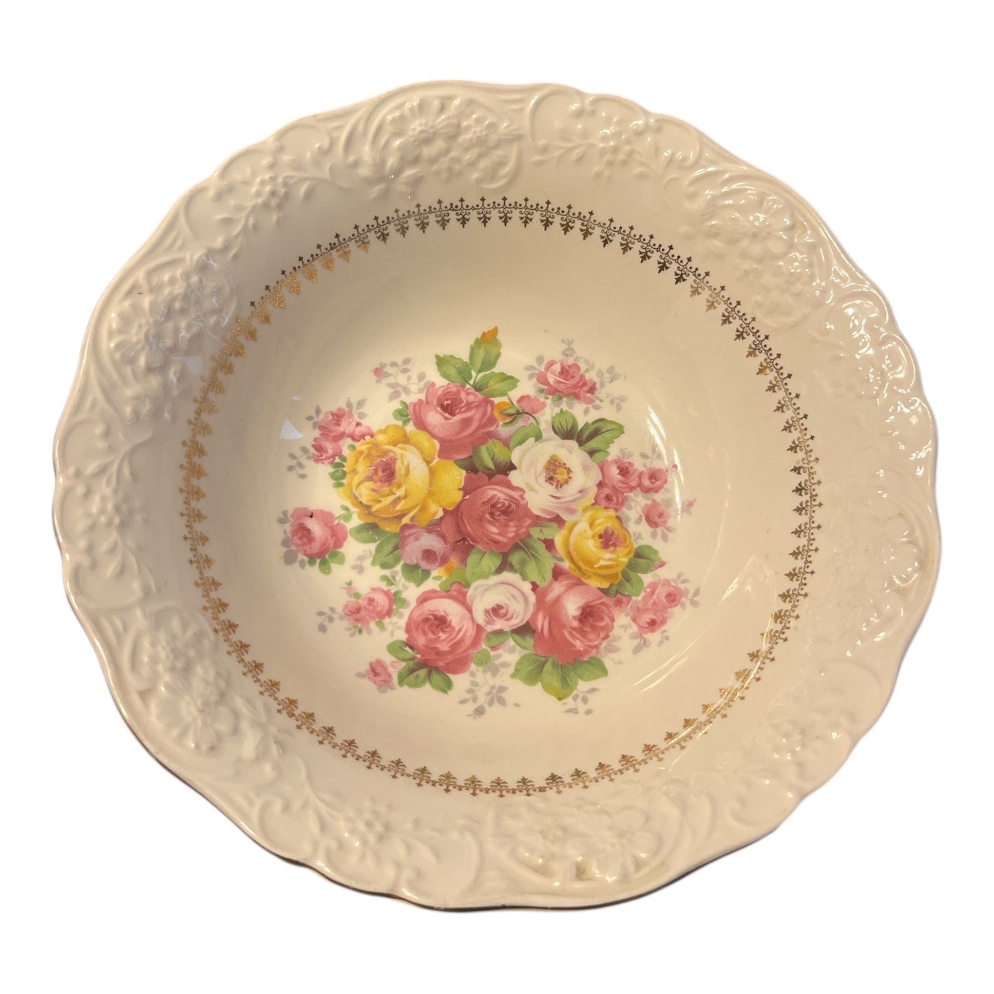 Vintage Edwin M. Knowles 22K Gold Floral Serving Bowl Embossed Rim Pink Yellow Roses USA