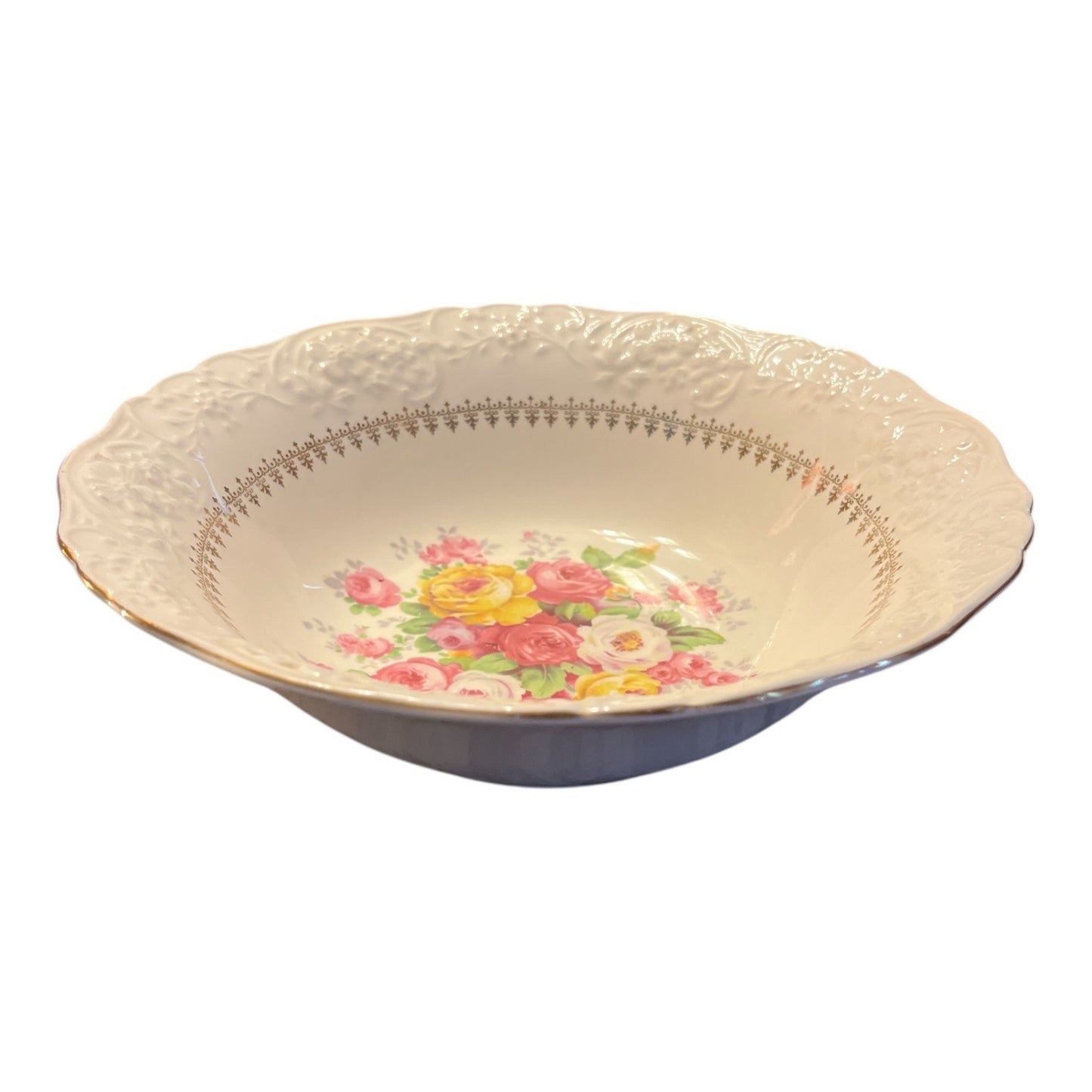 Vintage Edwin M. Knowles 22K Gold Floral Serving Bowl Embossed Rim Pink Yellow Roses USA