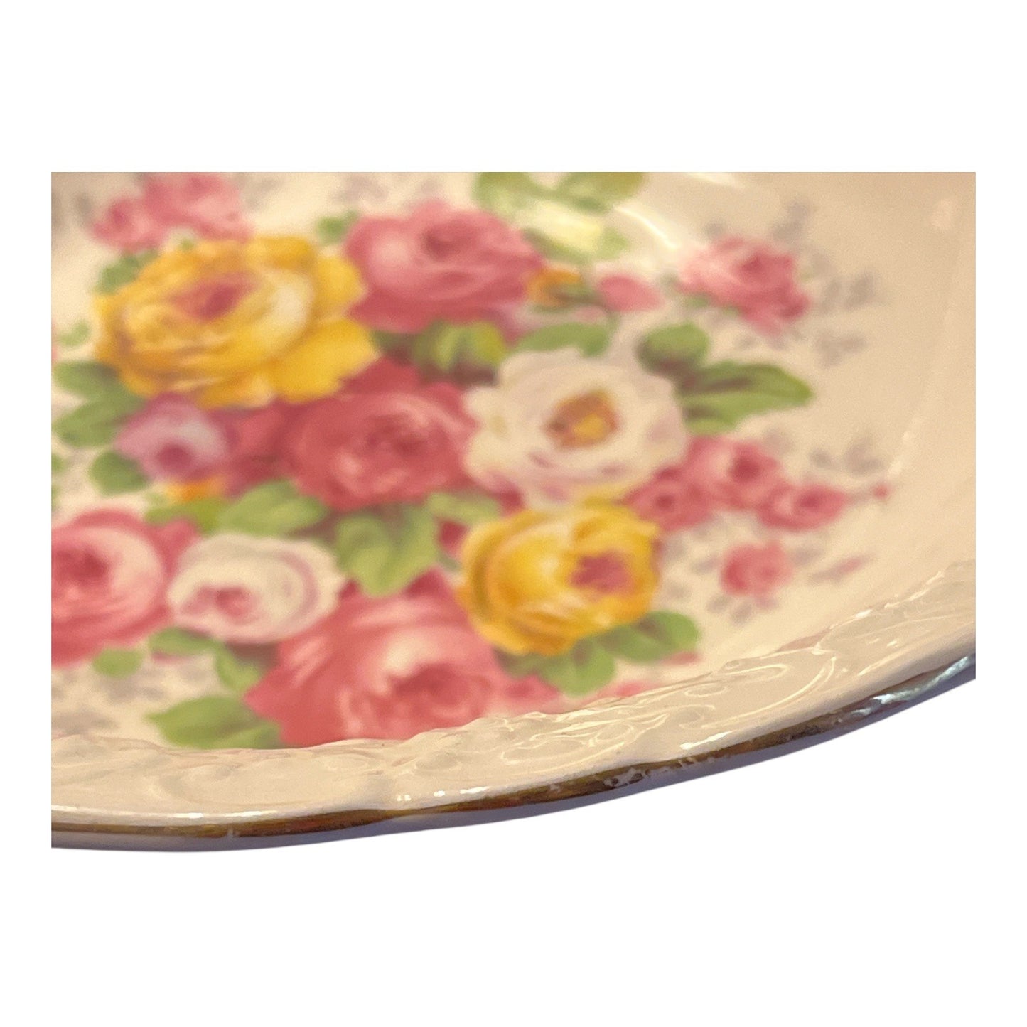 Vintage Edwin M. Knowles 22K Gold Floral Serving Bowl Embossed Rim Pink Yellow Roses USA