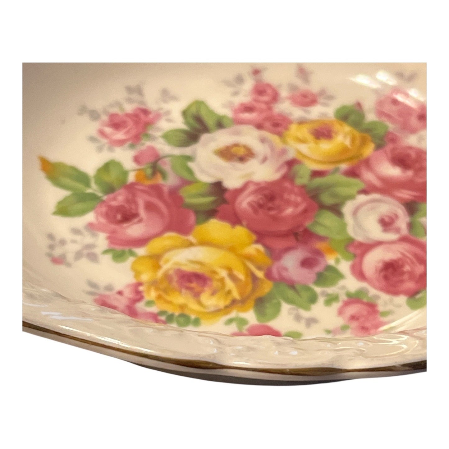 Vintage Edwin M. Knowles 22K Gold Floral Serving Bowl Embossed Rim Pink Yellow Roses USA