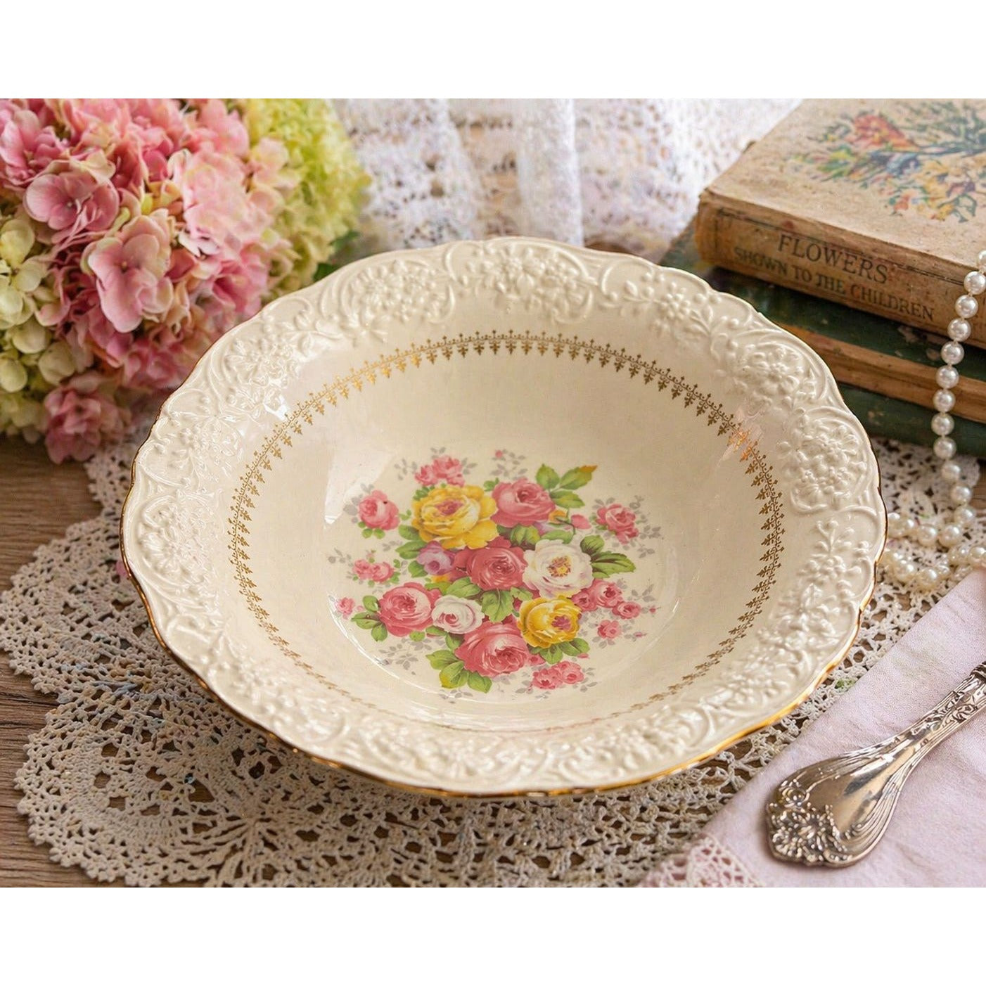 Vintage Edwin M. Knowles 22K Gold Floral Serving Bowl Embossed Rim Pink Yellow Roses USA