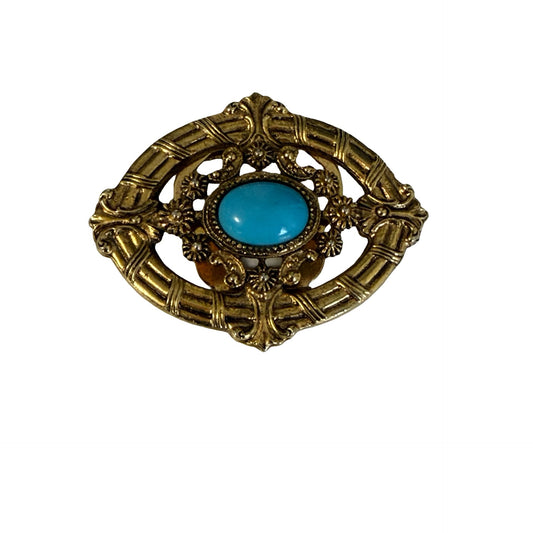 ART Gold Tone Faux Turquoise Sweater Guard Brooch Convertible Clip Pin Vintage