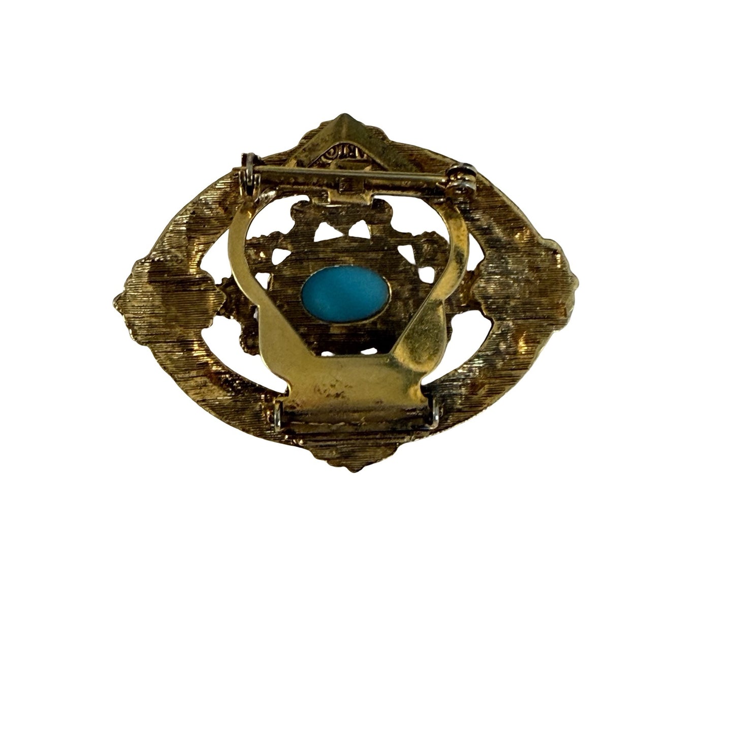 ART Gold Tone Faux Turquoise Sweater Guard Brooch Convertible Clip Pin Vintage