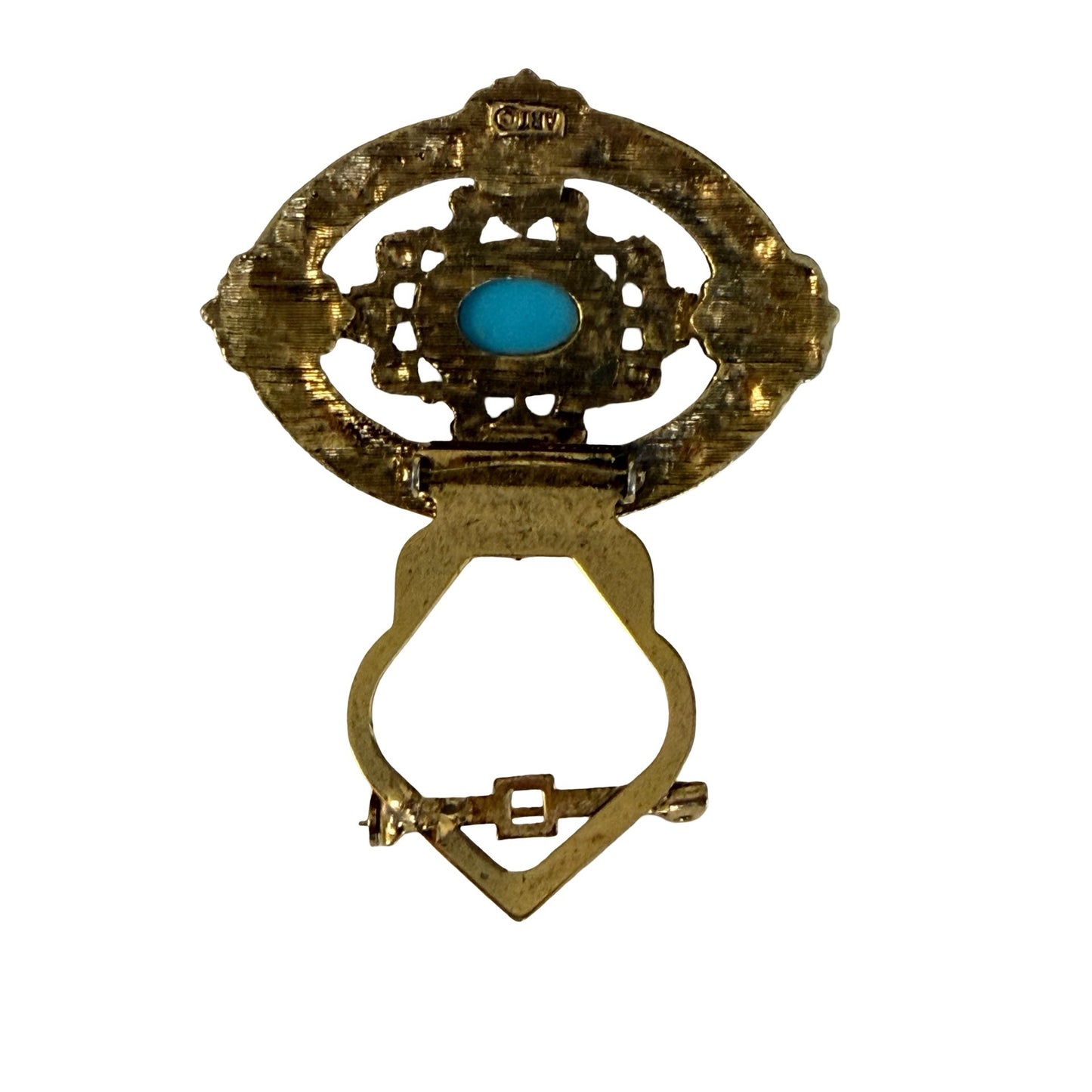ART Gold Tone Faux Turquoise Sweater Guard Brooch Convertible Clip Pin Vintage