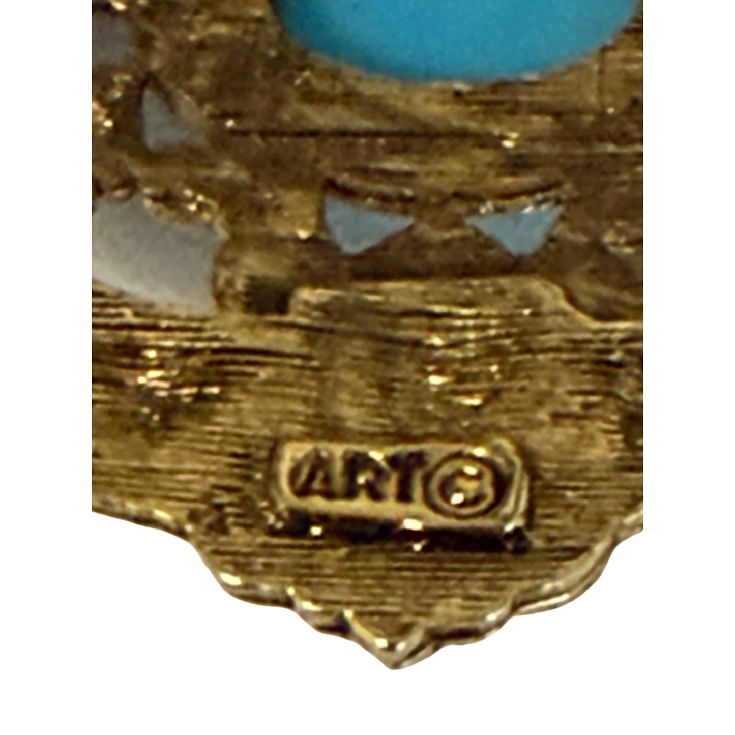 ART Gold Tone Faux Turquoise Sweater Guard Brooch Convertible Clip Pin Vintage