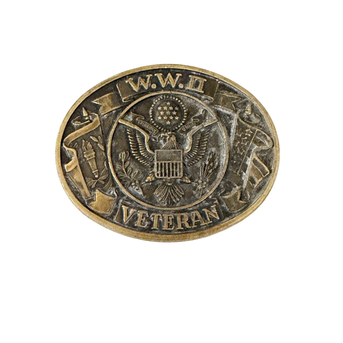 WWII Veteran Eagle Emblem Belt Buckle Gold Tone Military Patriotic Accessory