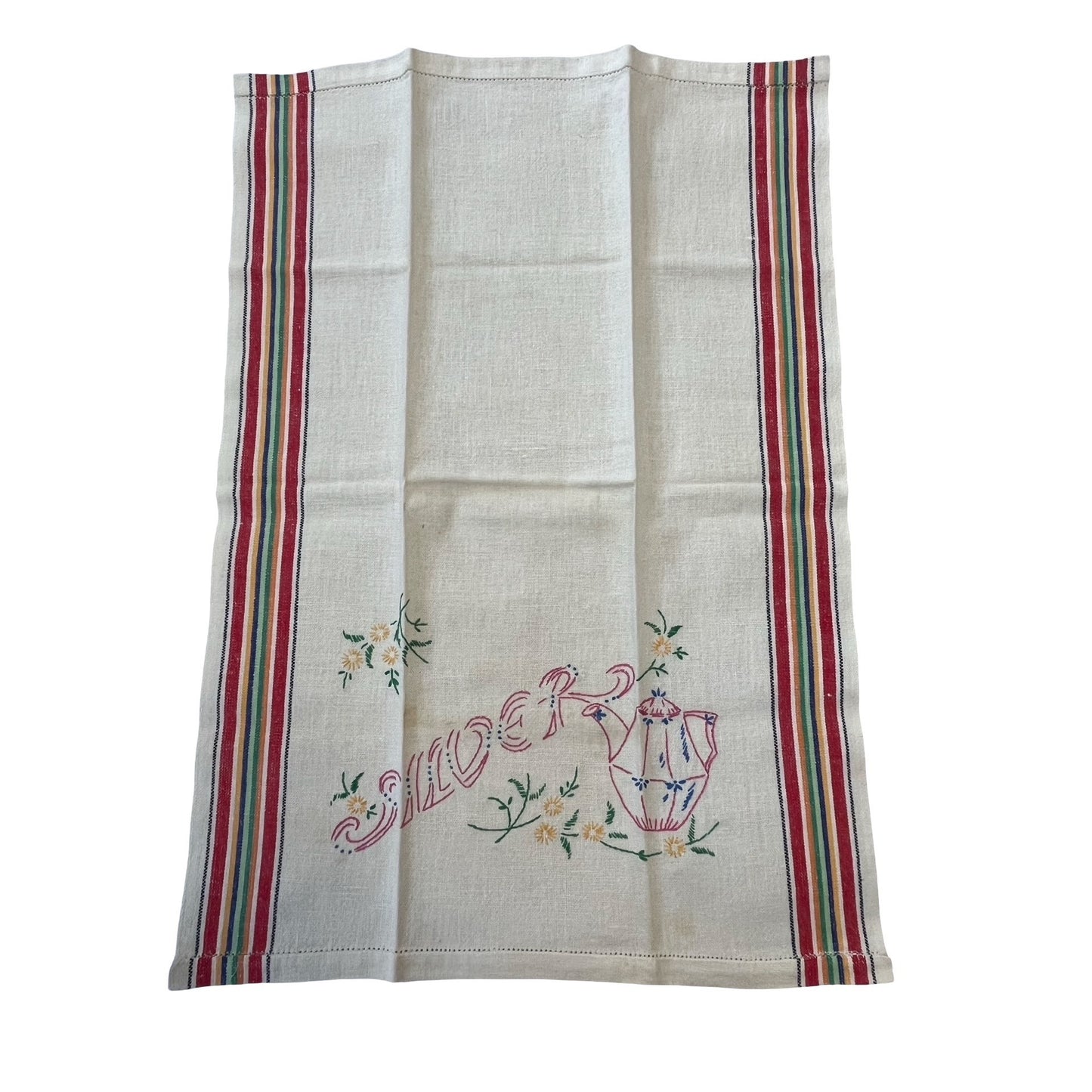 Vintage Embroidered Tea Towel Teapot Silverware Motif Cottage Floral Stripe Kitchen Linen