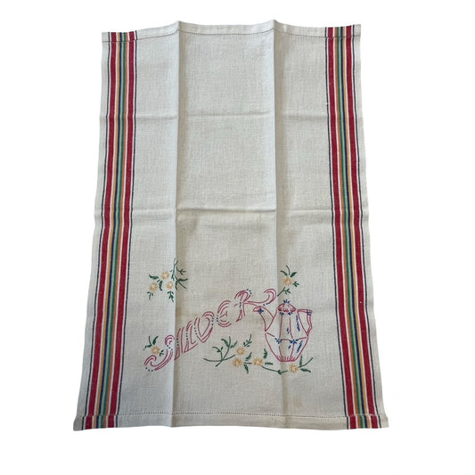 Vintage Embroidered Tea Towel Teapot Silverware Motif Cottage Floral Stripe Kitchen Linen