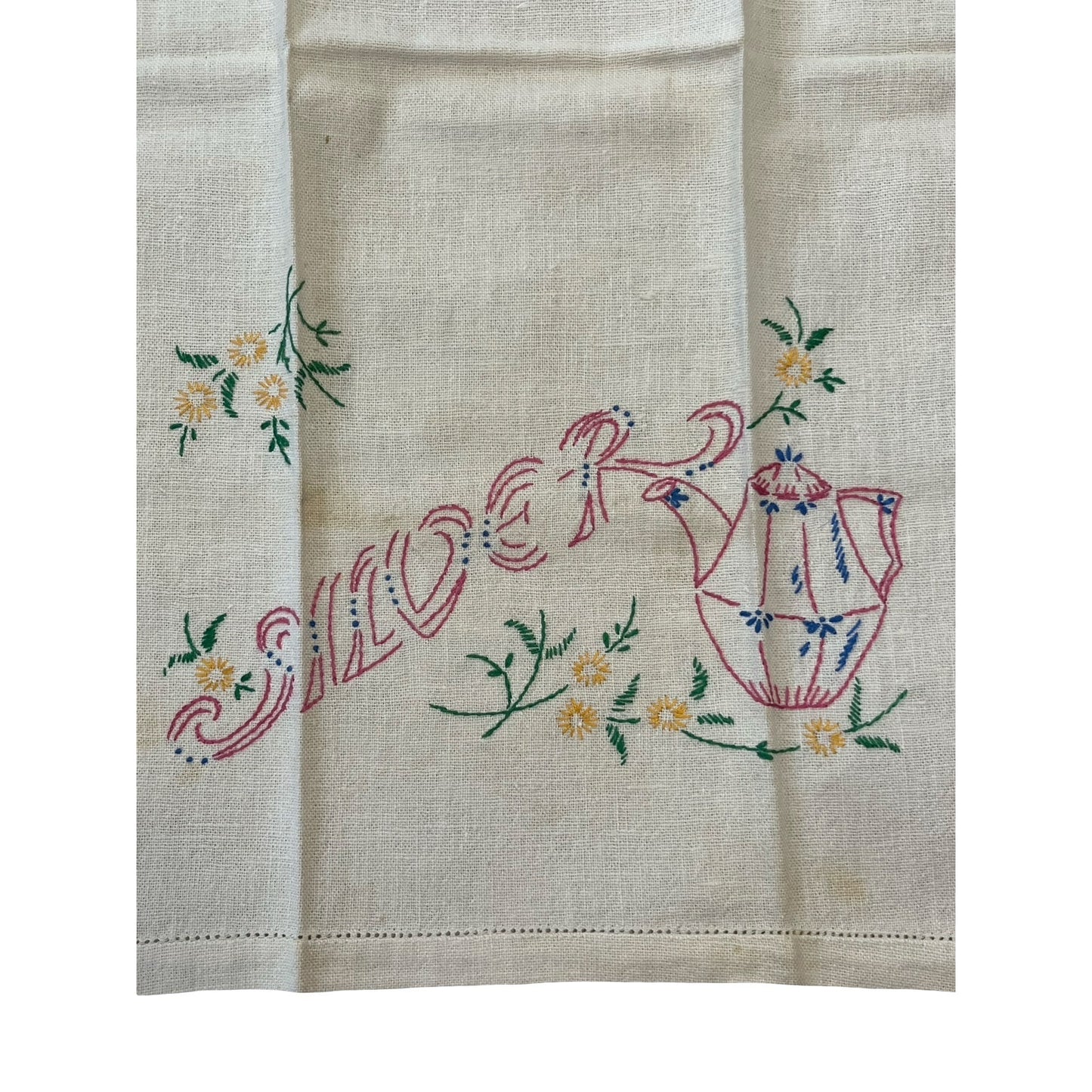 Vintage Embroidered Tea Towel Teapot Silverware Motif Cottage Floral Stripe Kitchen Linen