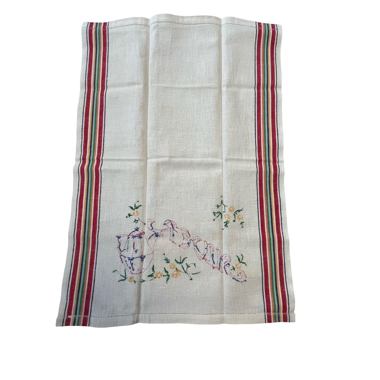 Vintage Embroidered Tea Towel Teapot Silverware Motif Cottage Floral Stripe Kitchen Linen