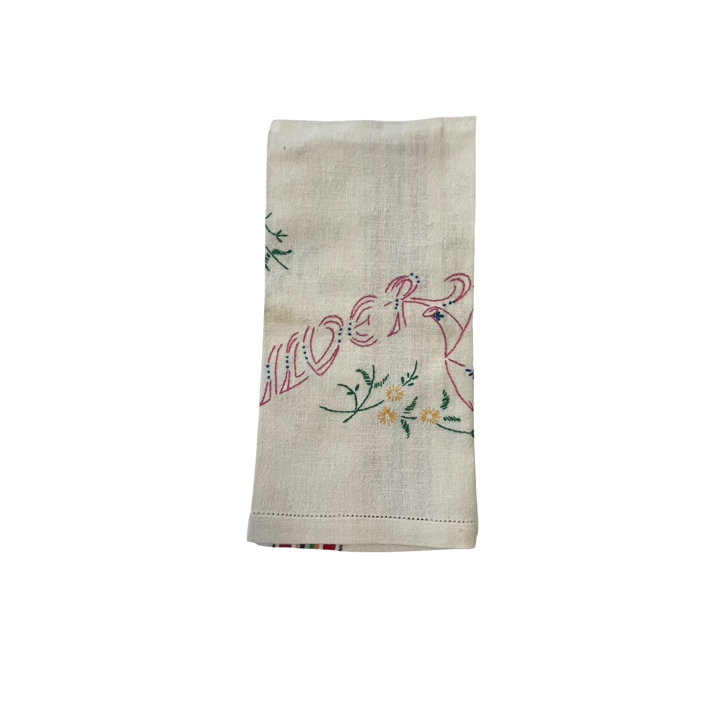 Vintage Embroidered Tea Towel Teapot Silverware Motif Cottage Floral Stripe Kitchen Linen