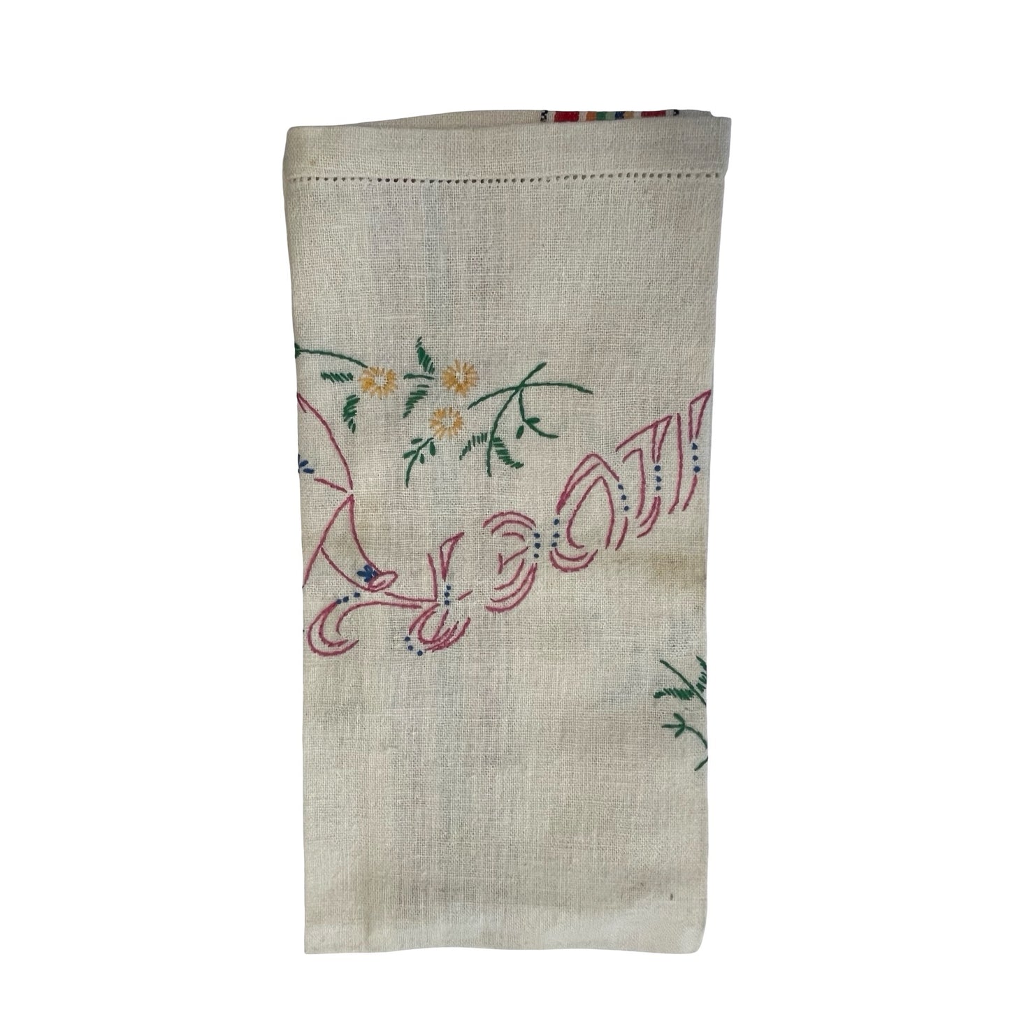 Vintage Embroidered Tea Towel Teapot Silverware Motif Cottage Floral Stripe Kitchen Linen