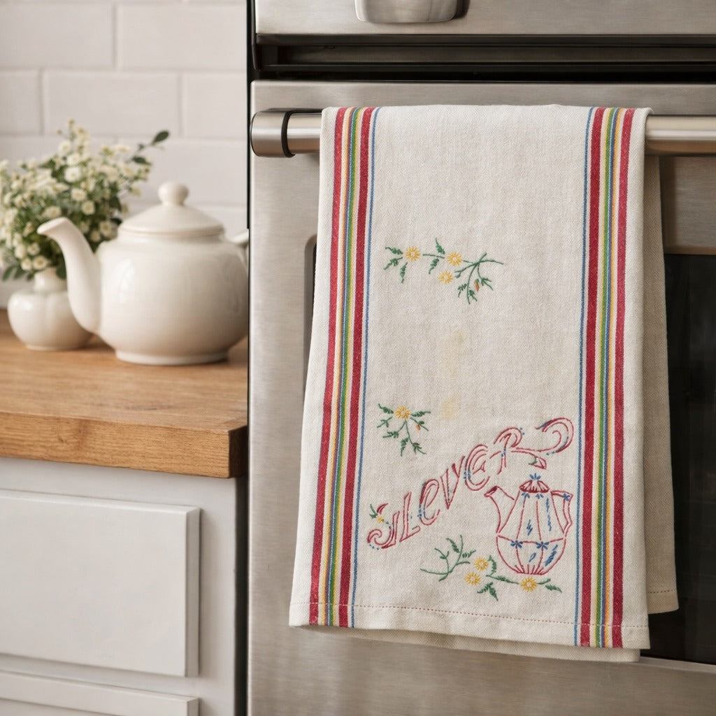Vintage Embroidered Tea Towel Teapot Silverware Motif Cottage Floral Stripe Kitchen Linen