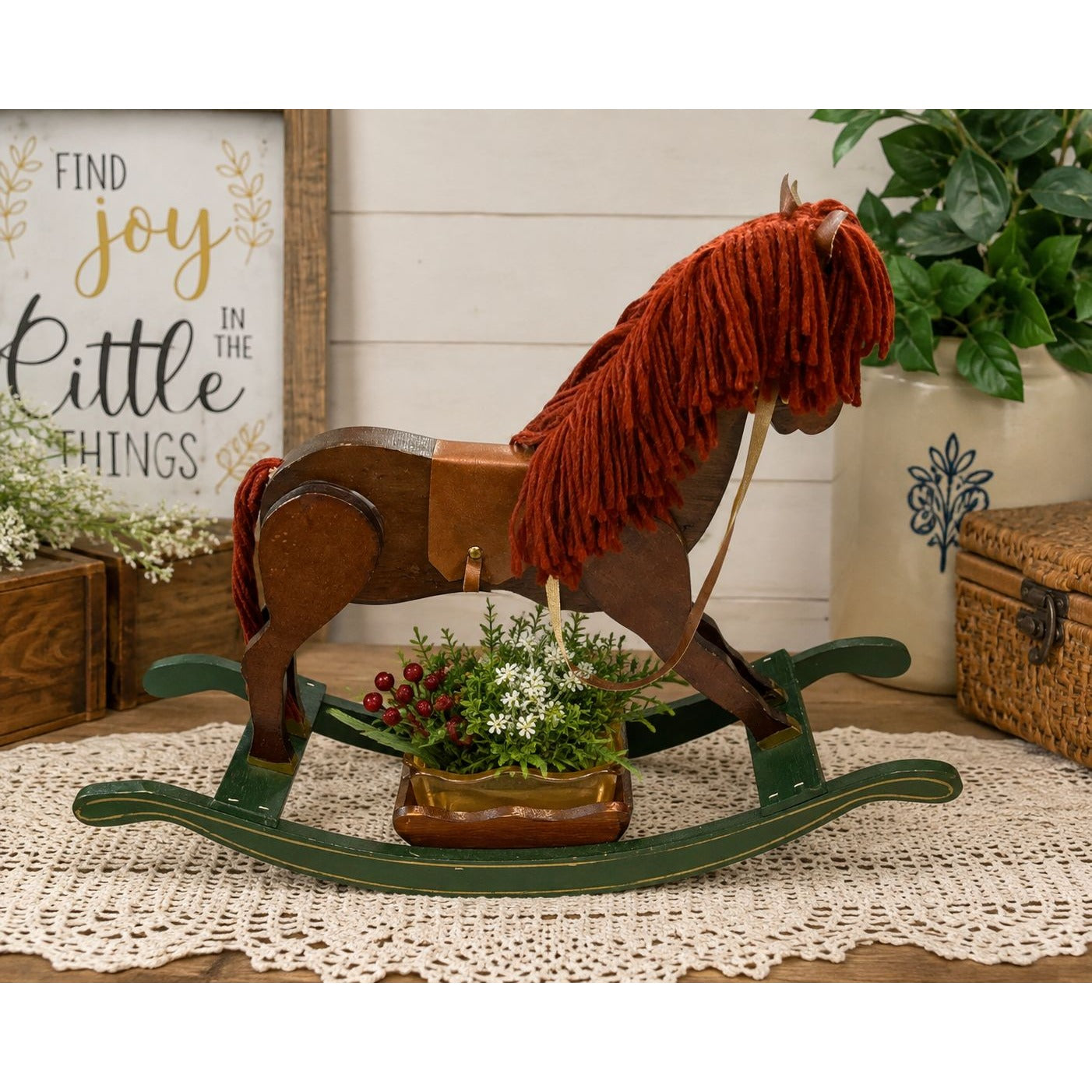 Vintage Handmade Wooden Rocking Horse Planter Centerpiece Yarn Mane Folk Art 17"