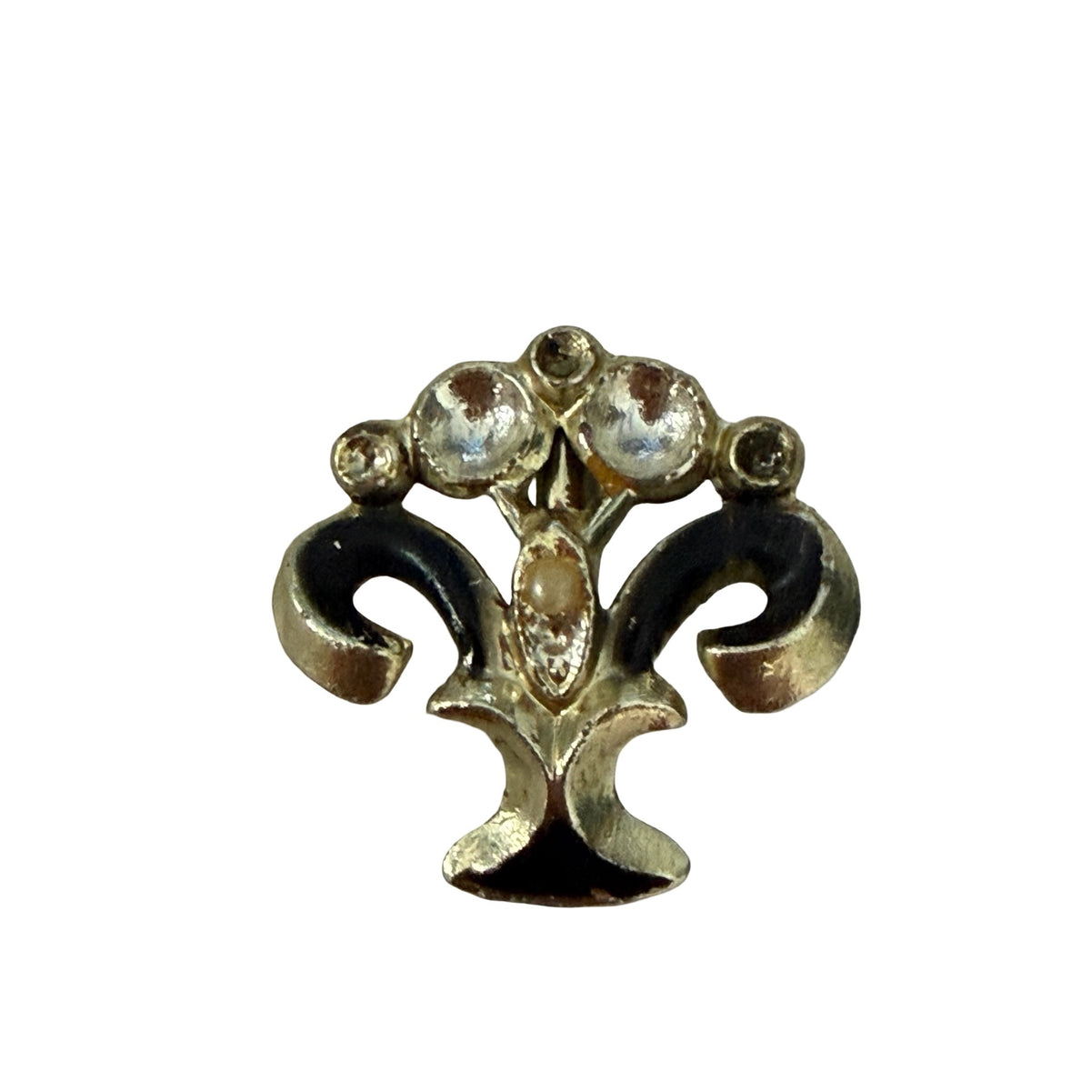 Vintage Black Enamel Rhinestone Floral Fleur de Lis Brooch Pin 1 Inch