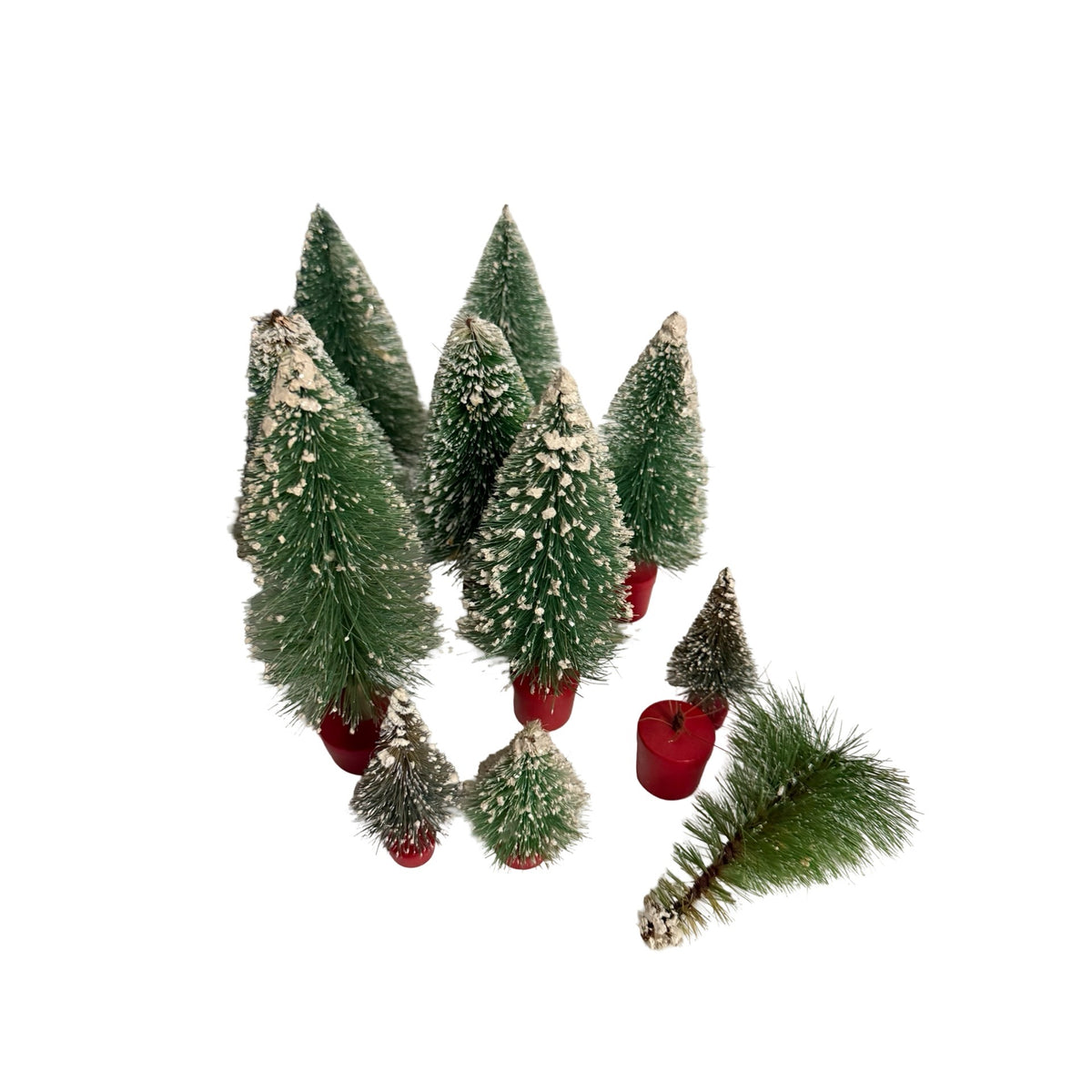 Vintage Bottle Brush Christmas Trees Lot of 11 Snow Flocked Red Wood Bases