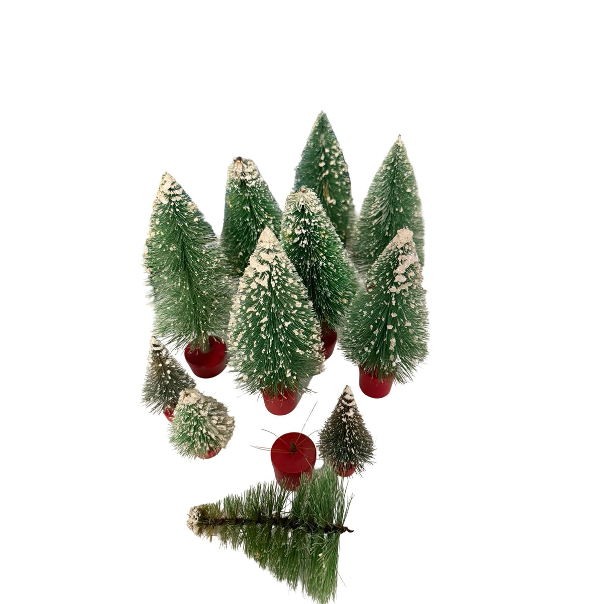 Vintage Bottle Brush Christmas Trees Lot of 11 Snow Flocked Red Wood Bases