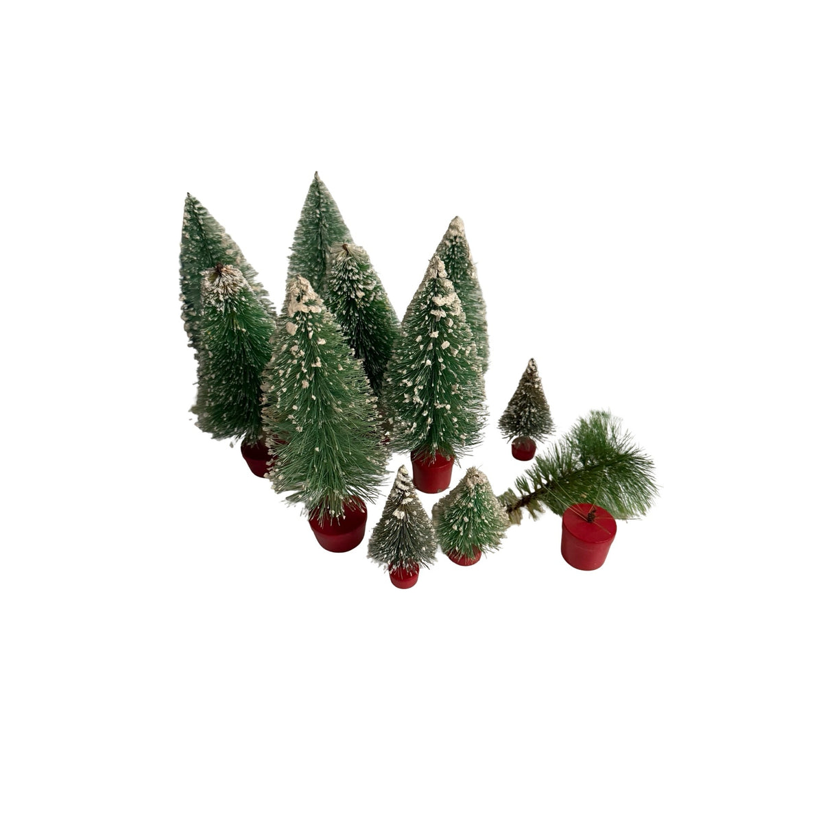 Vintage Bottle Brush Christmas Trees Lot of 11 Snow Flocked Red Wood Bases