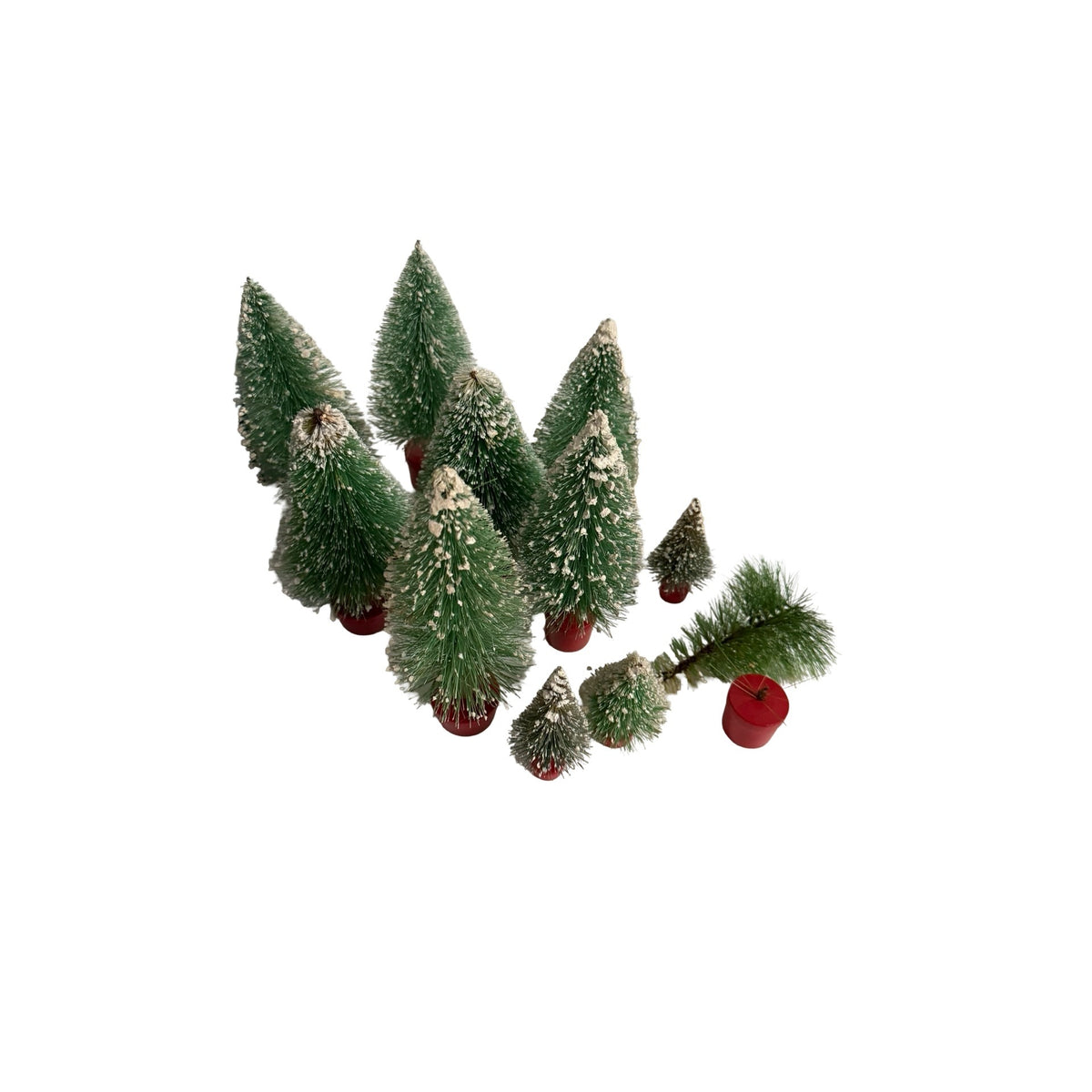 Vintage Bottle Brush Christmas Trees Lot of 11 Snow Flocked Red Wood Bases