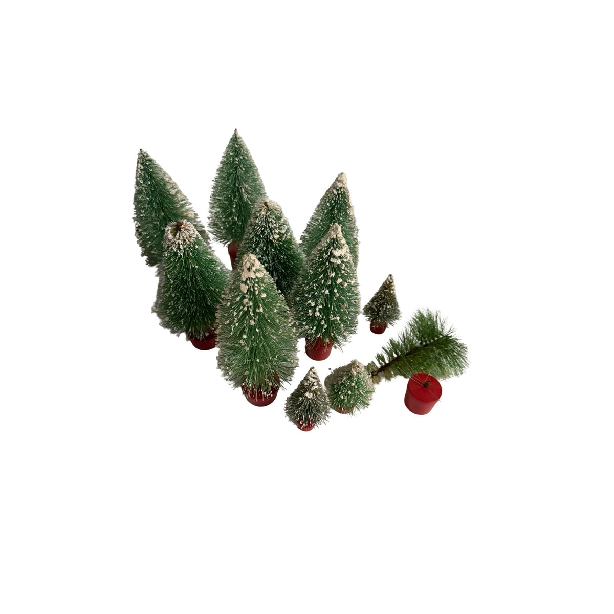 Vintage Bottle Brush Christmas Trees Lot of 11 Snow Flocked Red Wood Bases