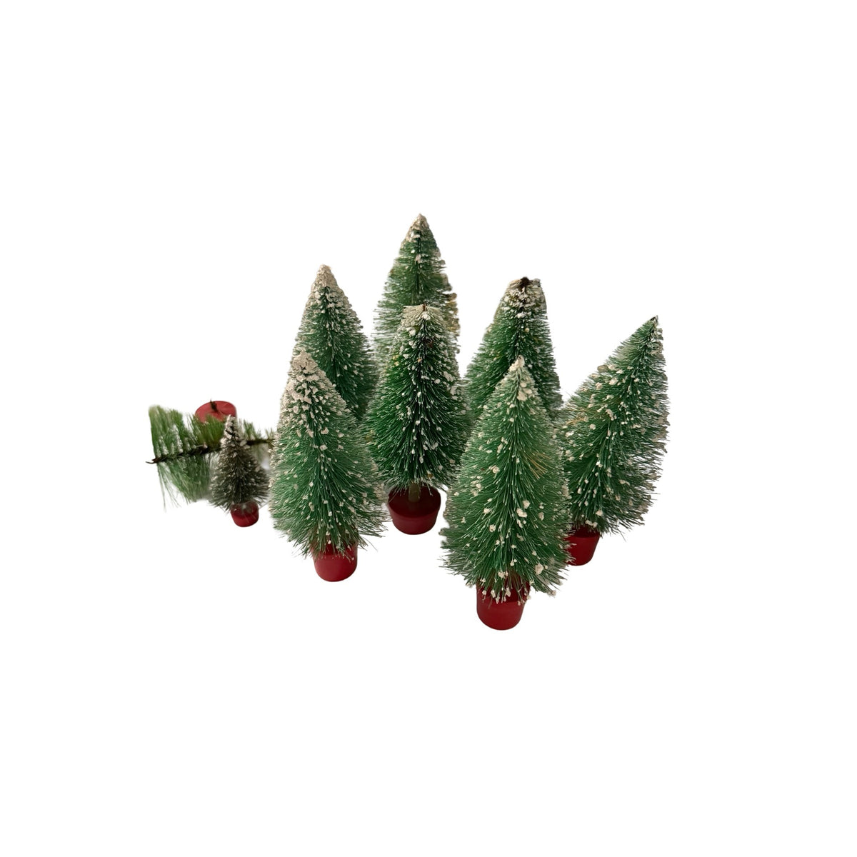 Vintage Bottle Brush Christmas Trees Lot of 11 Snow Flocked Red Wood Bases