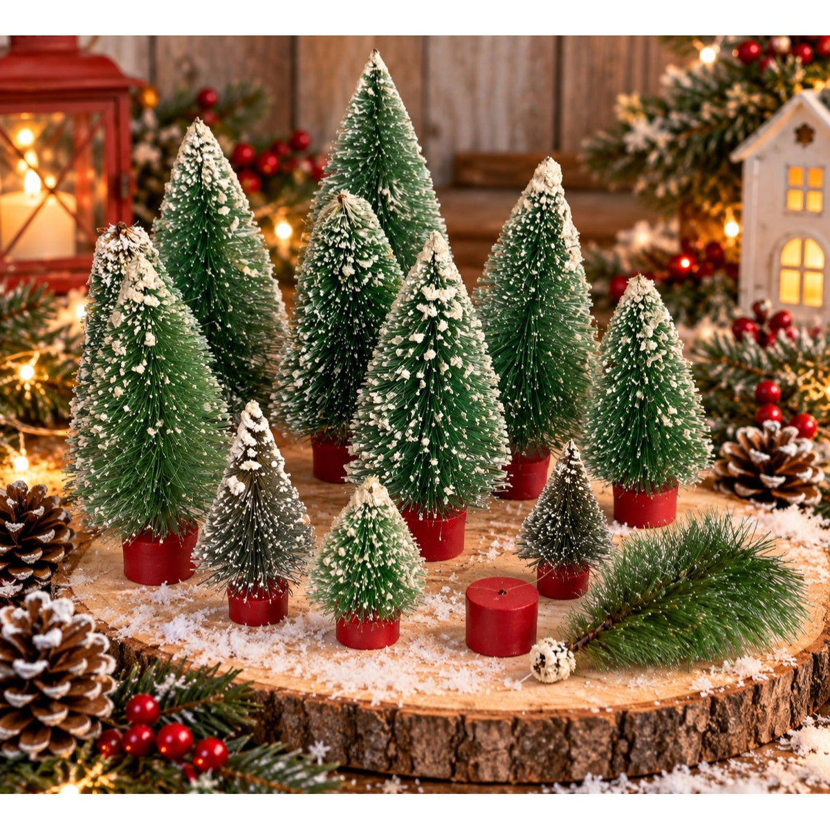 Vintage Bottle Brush Christmas Trees Lot of 11 Snow Flocked Red Wood Bases
