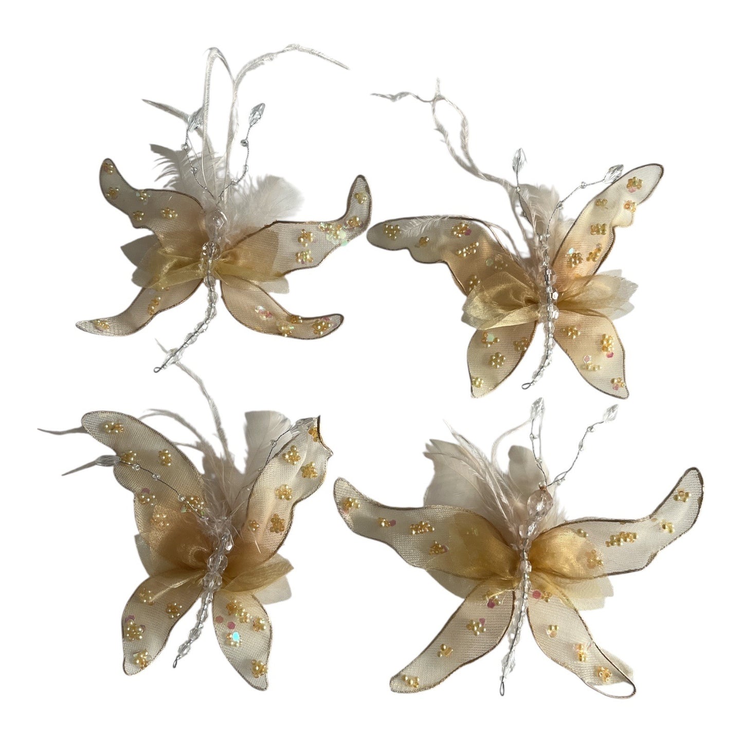 Set of 4 Sheer Gold Butterfly Hanging Ornaments with Beads and Feathers