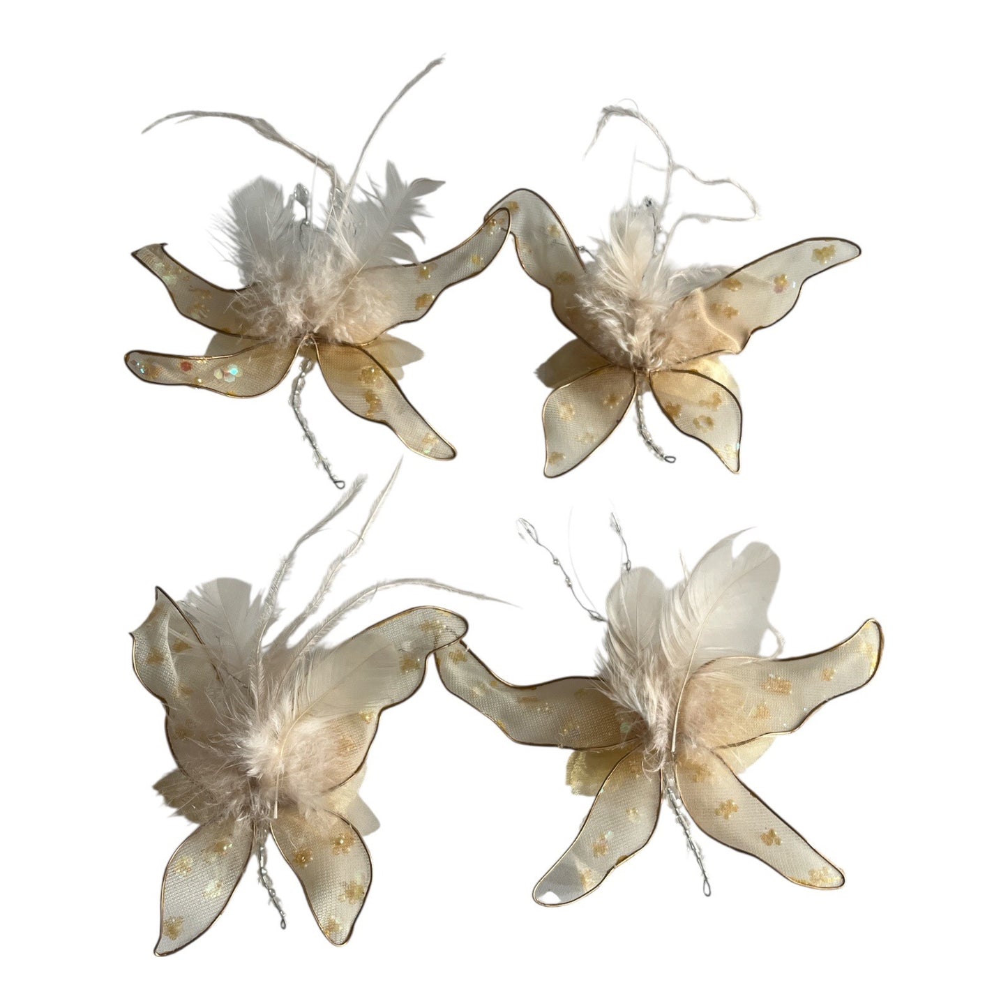Set of 4 Sheer Gold Butterfly Hanging Ornaments with Beads and Feathers