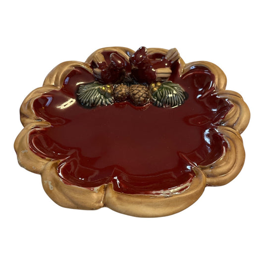 Vintage Ceramic Holiday Plate with Cardinals and Pinecones – Red & Gold Glaze – 1990s–2000s – 8.25"