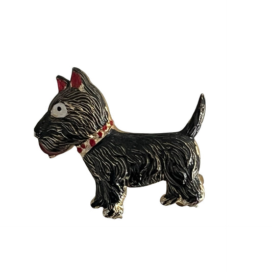 Vintage Scotty Dog Brooch Black Enamel Terrier Pin Red Collar Gold Tone 1980s