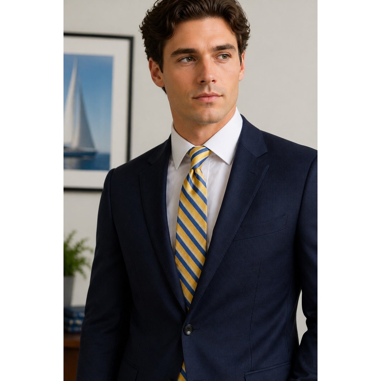 Tommy Hilfiger Silk Tie Blue Gold Striped Mens Necktie Classic Preppy USA Made
