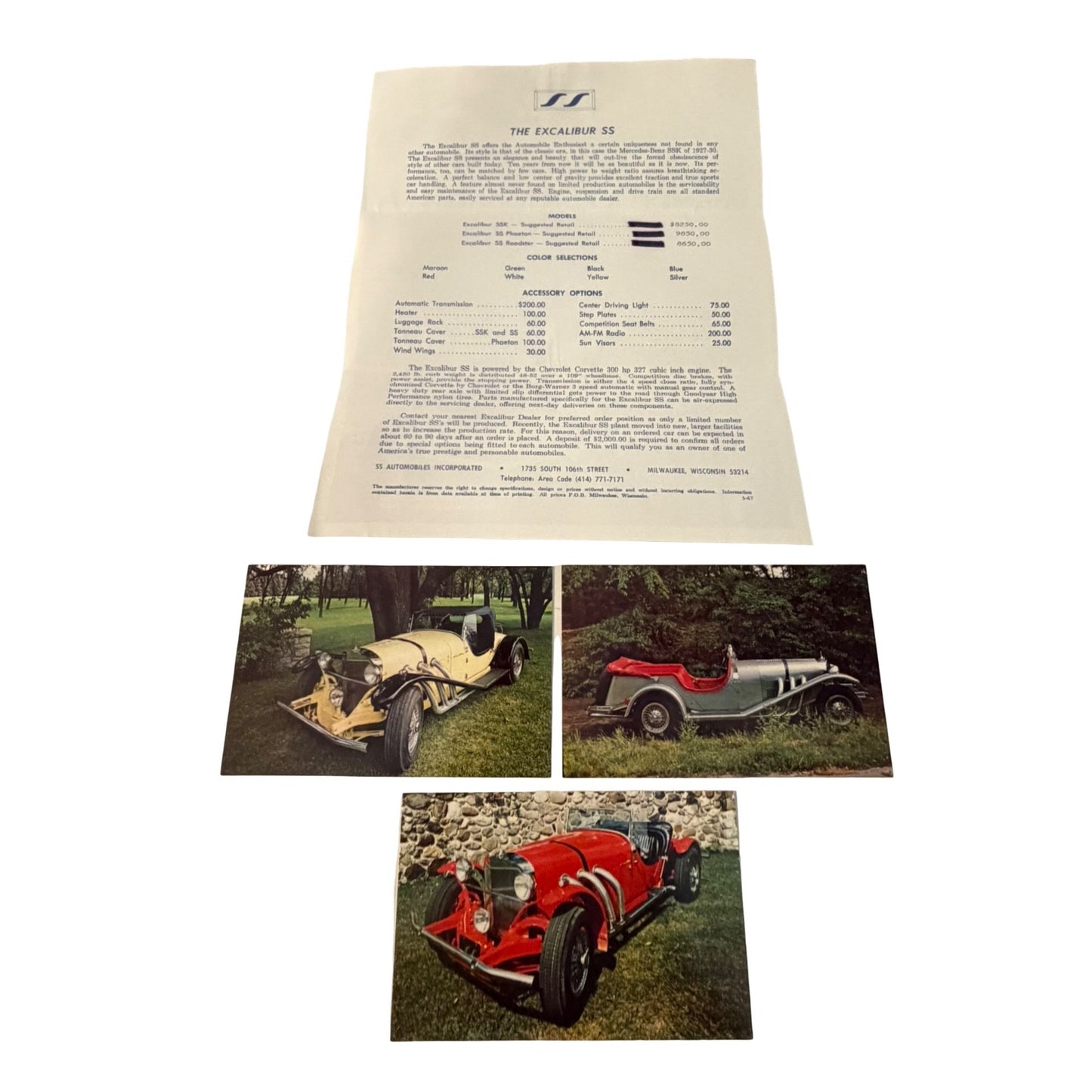 Vintage 1967 Excalibur SS Dealer Sales Brochure With 3 Business Cards Milwaukee WI
