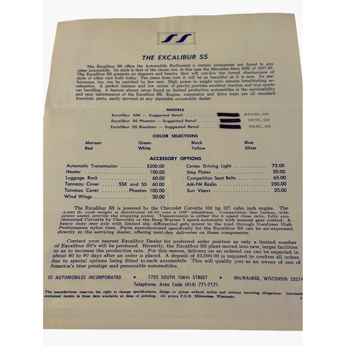 Vintage 1967 Excalibur SS Dealer Sales Brochure With 3 Business Cards Milwaukee WI