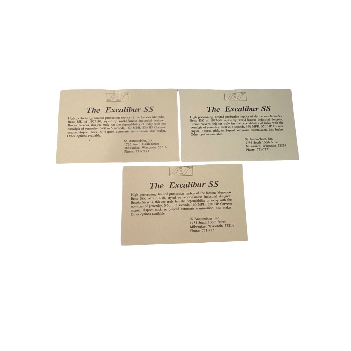 Vintage 1967 Excalibur SS Dealer Sales Brochure With 3 Business Cards Milwaukee WI
