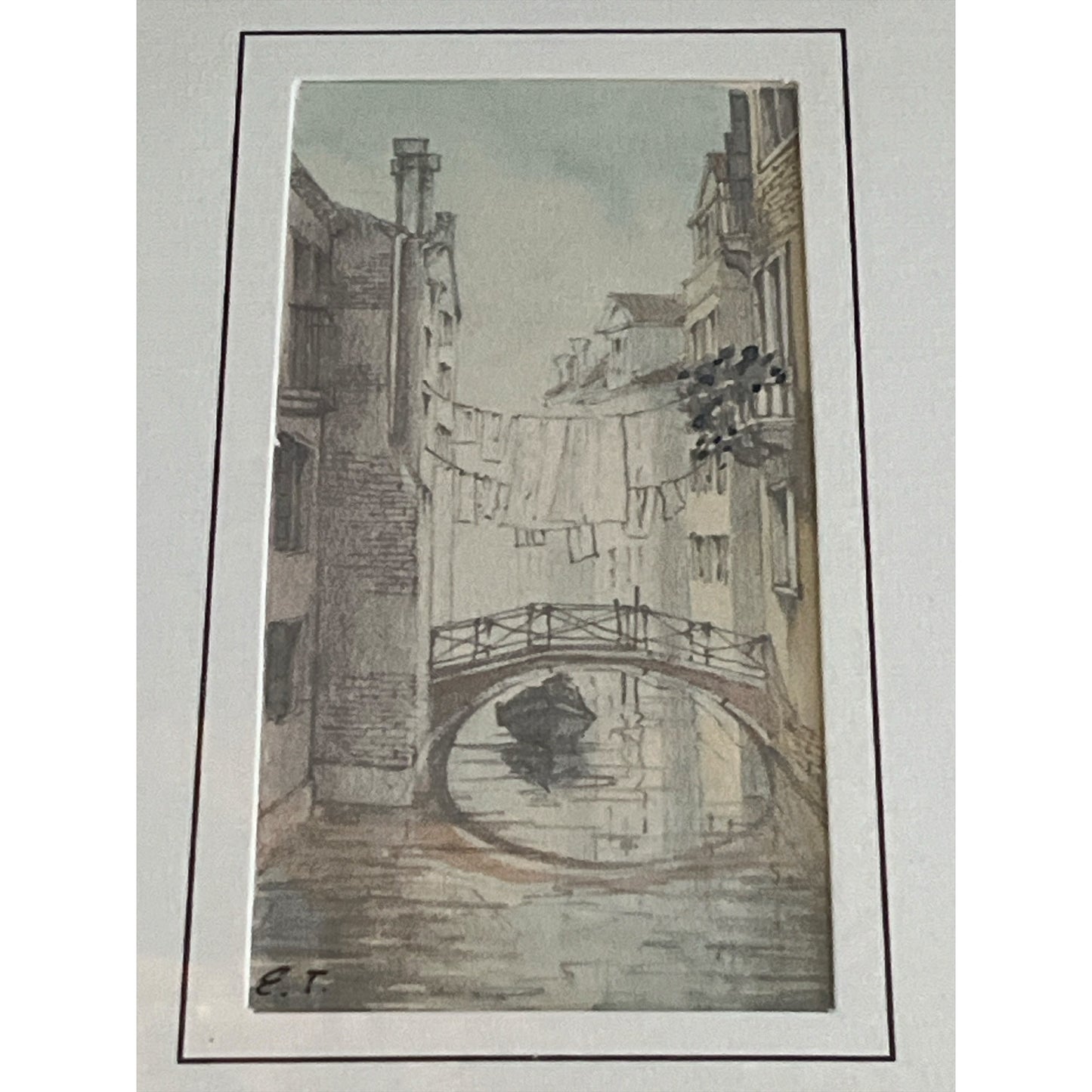 Vintage Framed Venice Canal Scene Print by E.T.