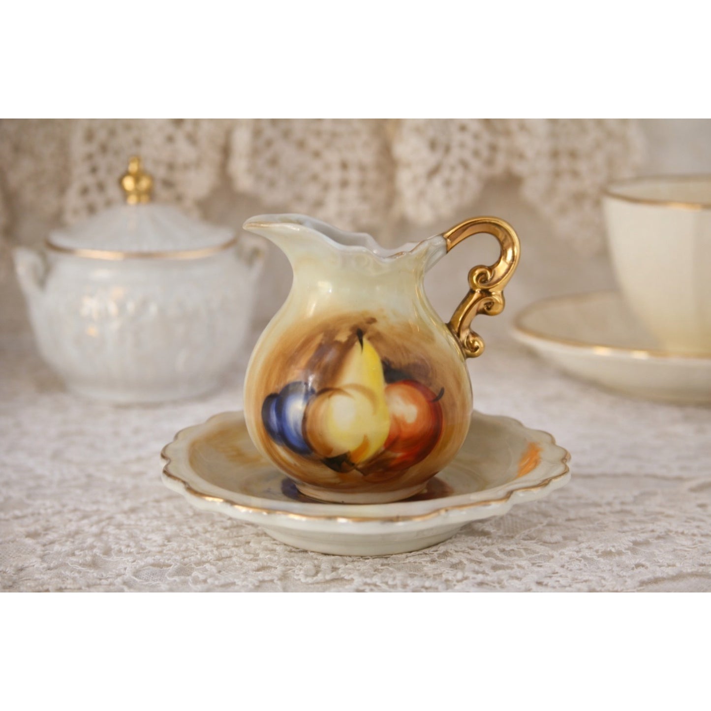 Vintage Arimark Japan Hand Painted Mini Pitcher and Saucer Set Gold Handle